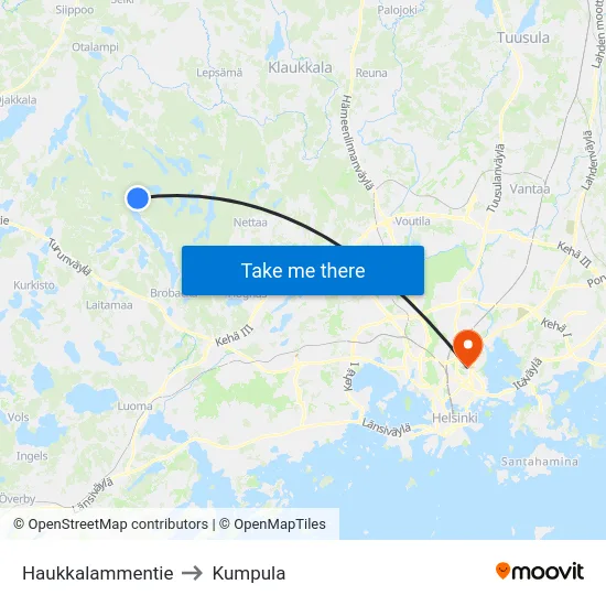 Haukkalammentie to Kumpula map