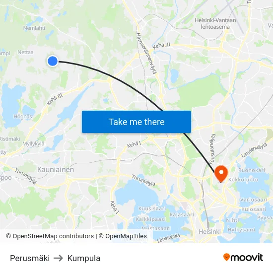 Perusmäki to Kumpula map