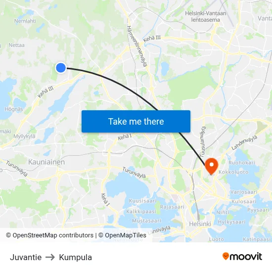 Juvantie to Kumpula map