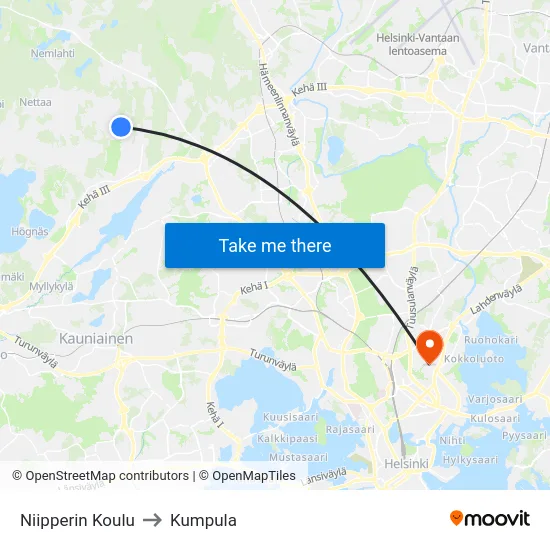 Niipperin Koulu to Kumpula map