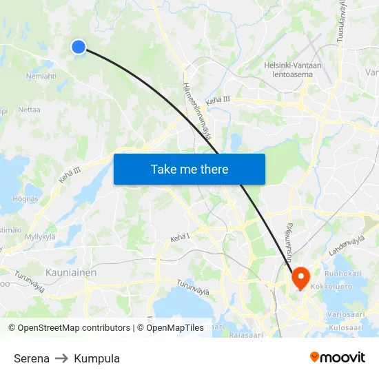 Serena to Kumpula map