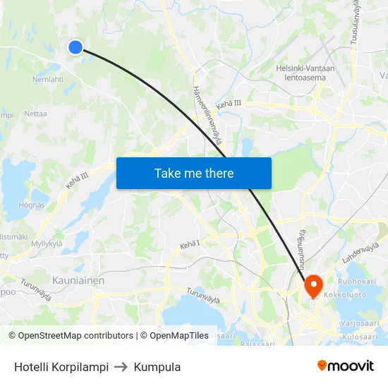 Hotelli Korpilampi to Kumpula map