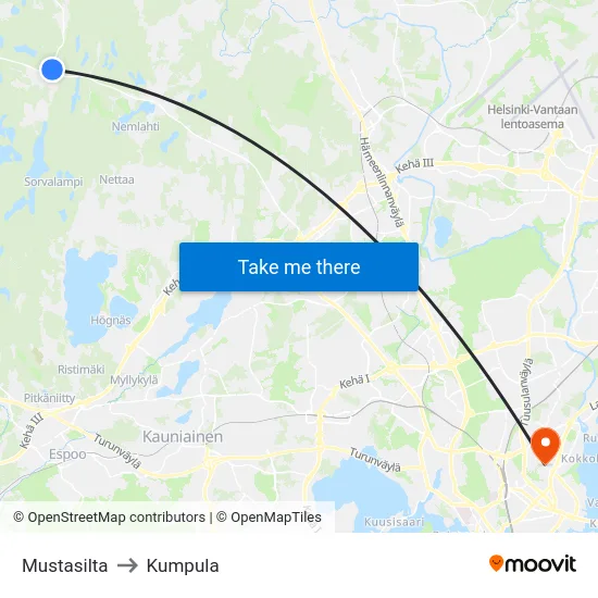 Mustasilta to Kumpula map