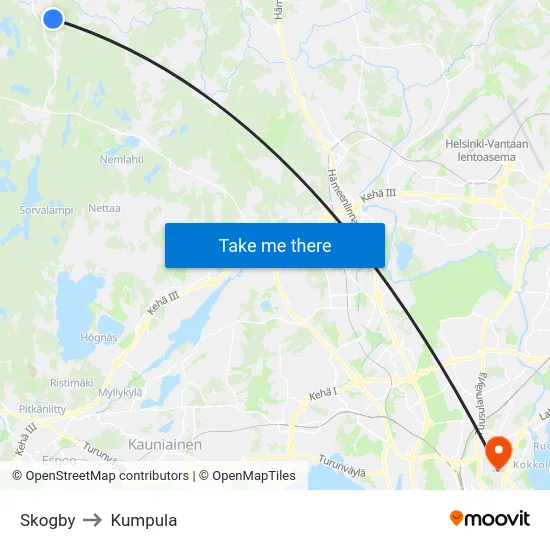 Skogby to Kumpula map