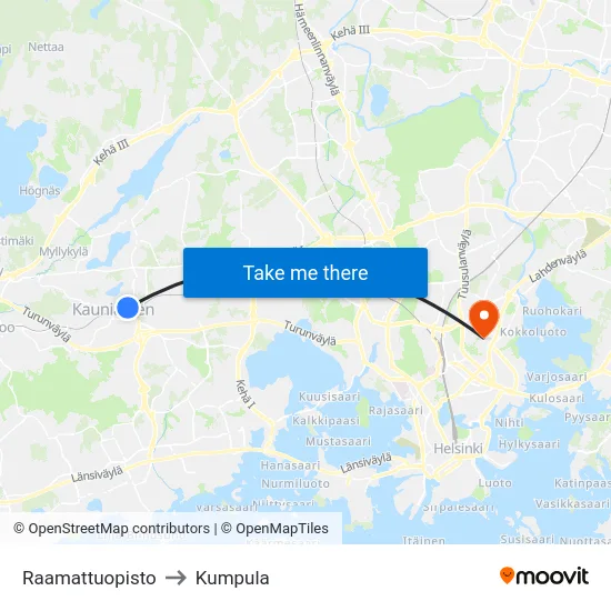 Raamattuopisto to Kumpula map
