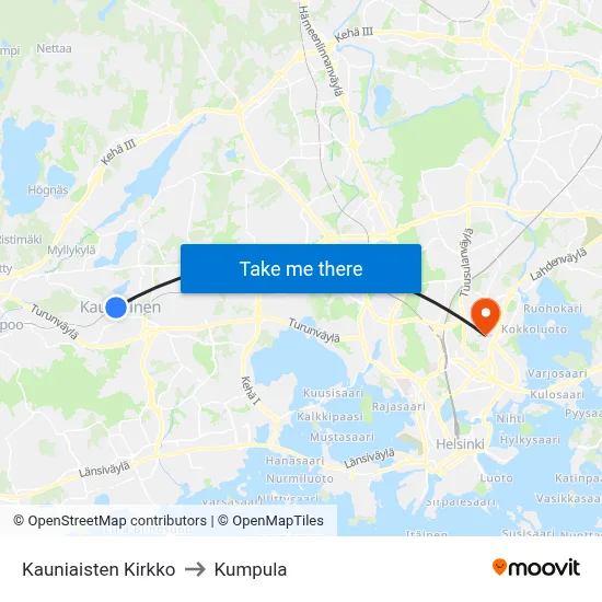 Kauniainen Church to Kumpula map
