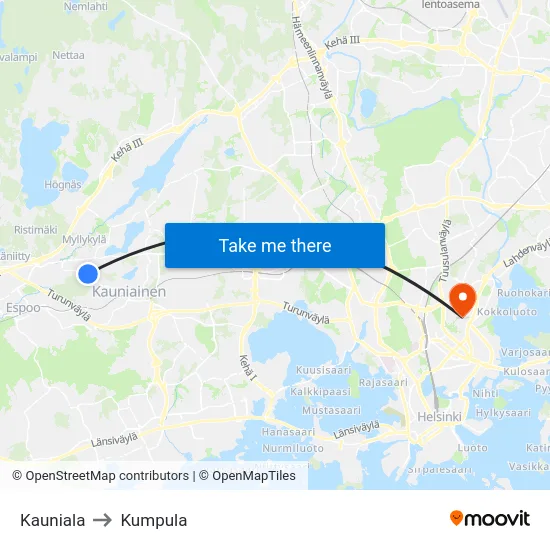 Kauniala to Kumpula map