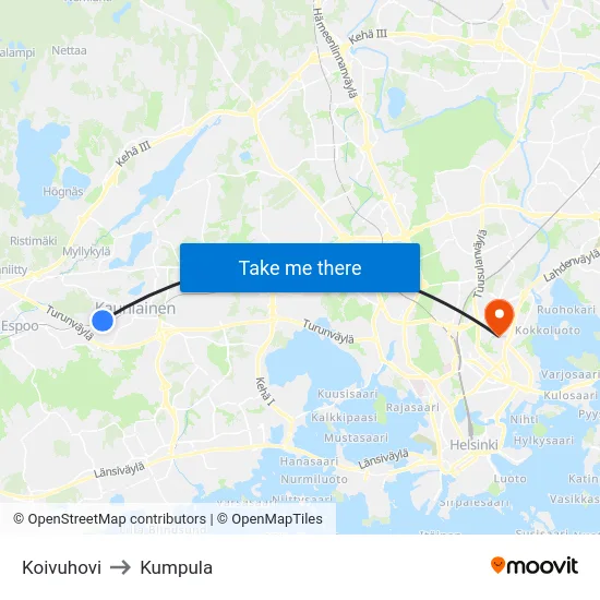 Koivuhovi to Kumpula map