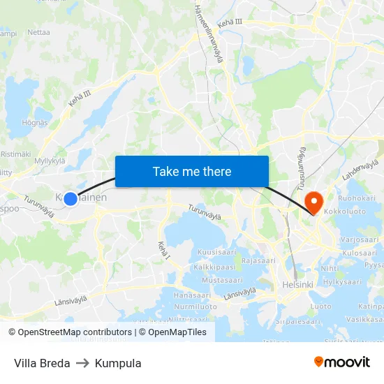 Villa Breda to Kumpula map