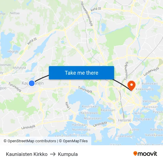 Kauniainen Church to Kumpula map