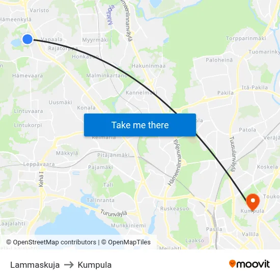 Lamb Lane to Kumpula map