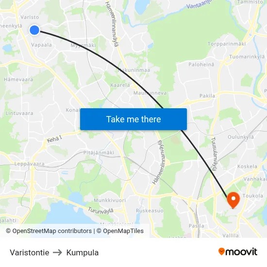 Varistontie to Kumpula map
