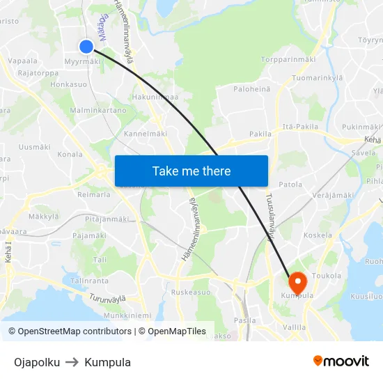 Ojapolku to Kumpula map