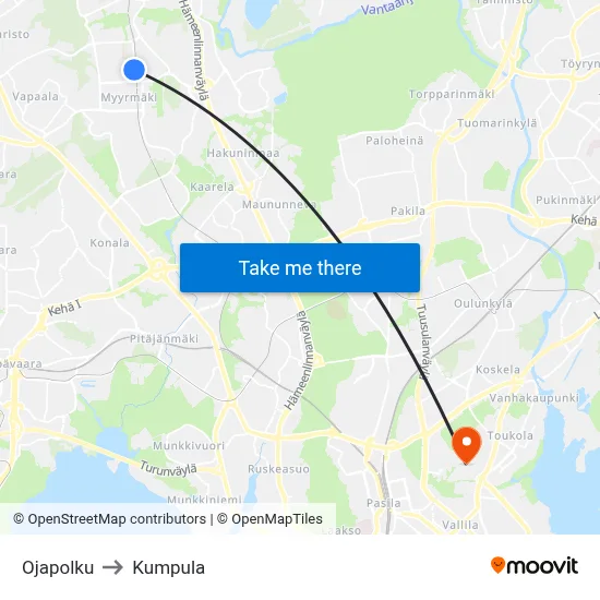 Ojapolku to Kumpula map