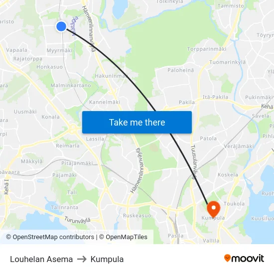 Louhelan Asema to Kumpula map