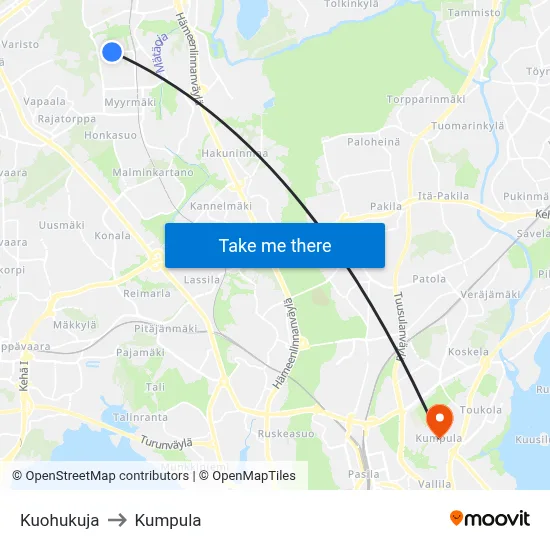 Kuohukuja to Kumpula map
