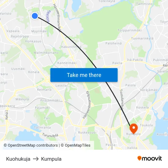 Kuohukuja to Kumpula map
