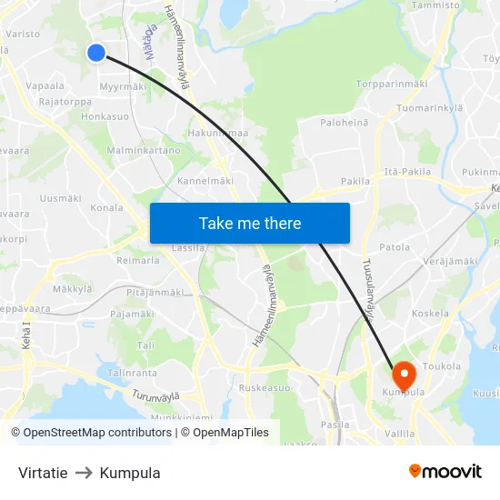 Virtatie to Kumpula map