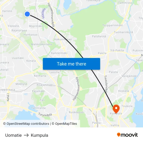 Uomatie to Kumpula map