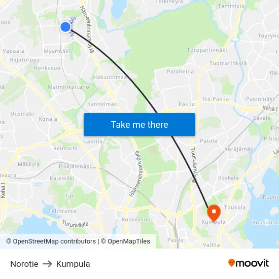Norotie to Kumpula map
