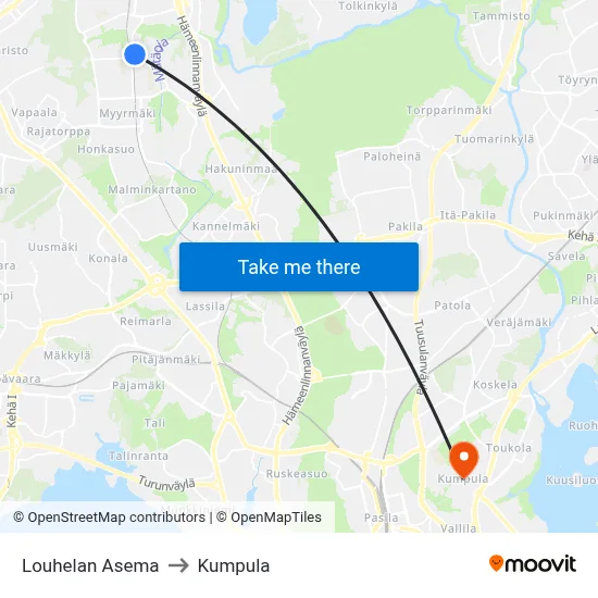 Louhela Station to Kumpula map
