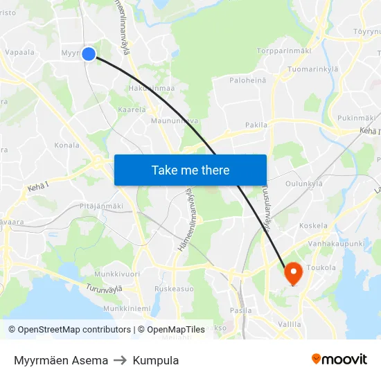 Myyrmäki Station to Kumpula map