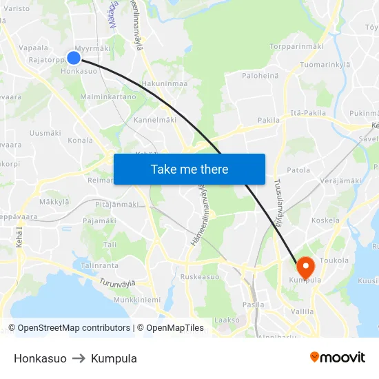 Honkasuo to Kumpula map