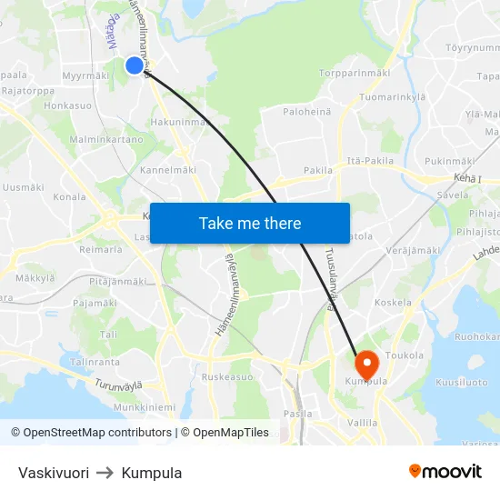 Vaskivuori to Kumpula map