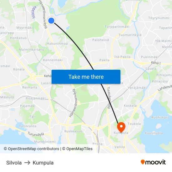 Silvola to Kumpula map