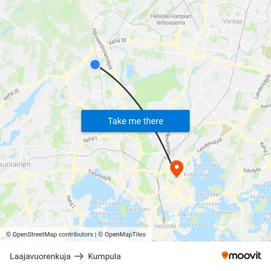 Laajavuorenkuja to Kumpula map