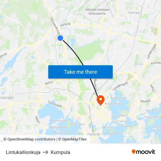 Lintukallio Alley to Kumpula map