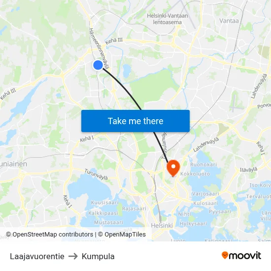 Laajavuorentie to Kumpula map
