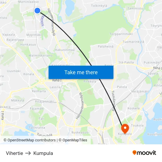 Vihertie to Kumpula map