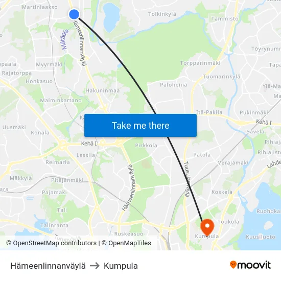 Hämeenlinnanväylä to Kumpula map