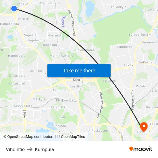 Vihdintie to Kumpula map