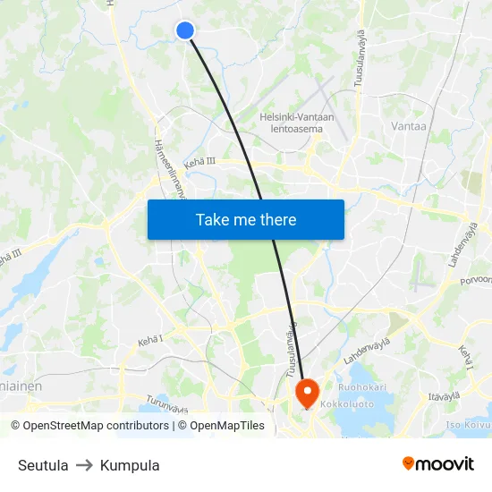 Seutula to Kumpula map