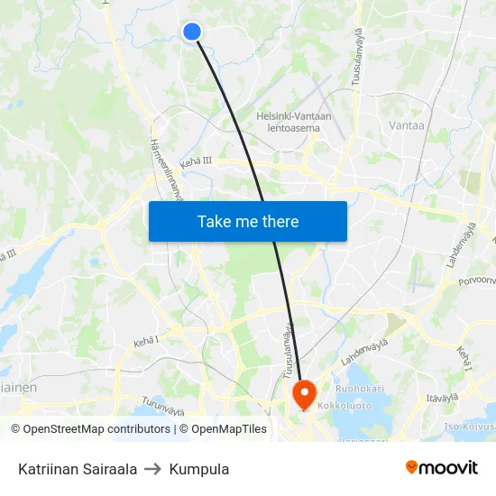 Katriinan Sairaala to Kumpula map