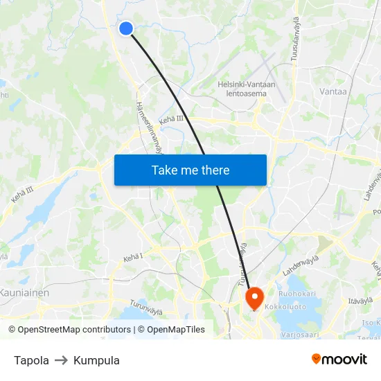 Tapola to Kumpula map