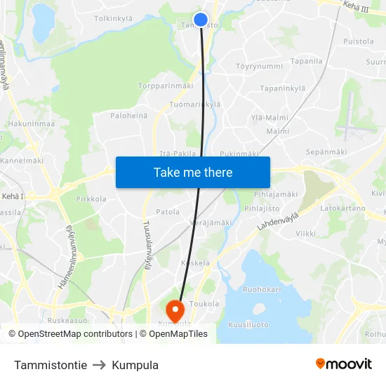 Tammistontie to Kumpula map