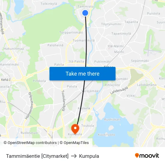 Tammimäentie 🛒 to Kumpula map