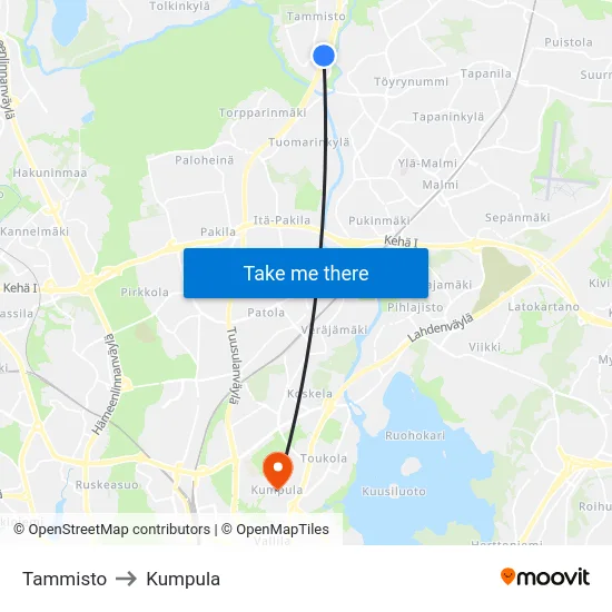 Tammisto to Kumpula map