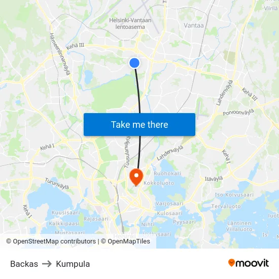 Backas to Kumpula map