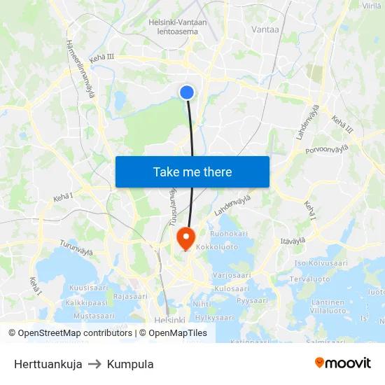 Herttuankuja to Kumpula map