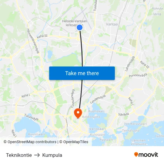 Teknikontie to Kumpula map