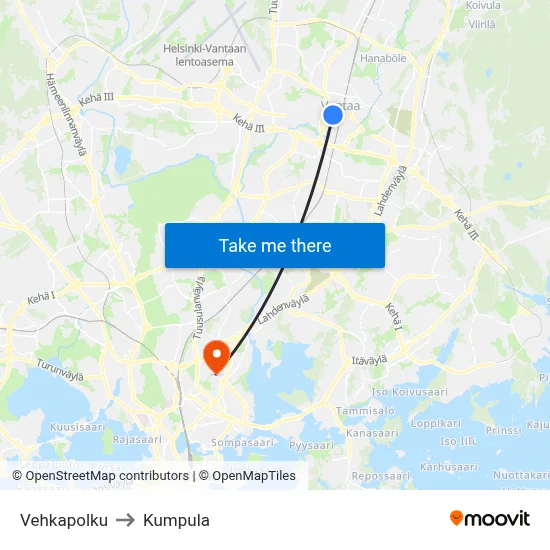 Vehkapolku to Kumpula map
