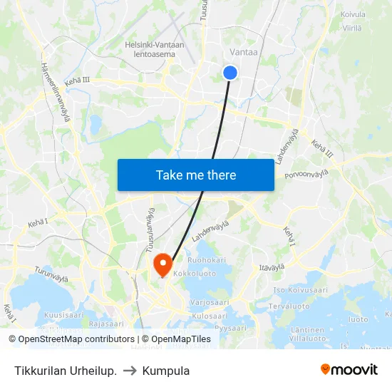 Tikkurila Sports Park to Kumpula map