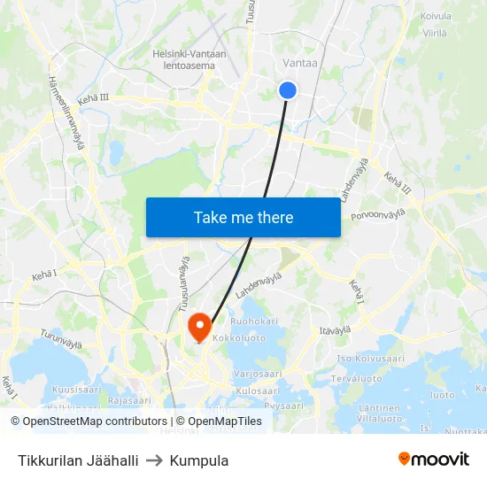 Tikkurilan Jäähalli to Kumpula map