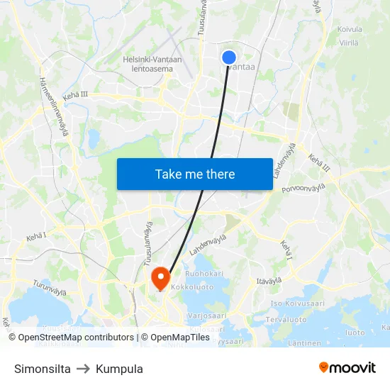Simonsilta to Kumpula map