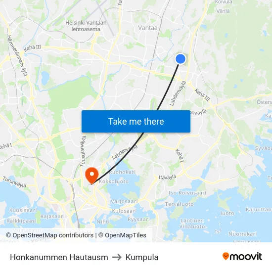 Honkanummen Hautausm to Kumpula map