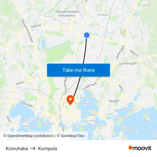 Koivuhaka to Kumpula map